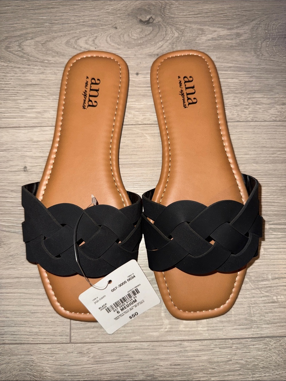a.n.a Black Braided Slide Sandals with Tan Footbed